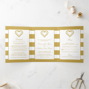 Chic Heart, Gold Striped Wedding Suite Tri-Fold Invitation