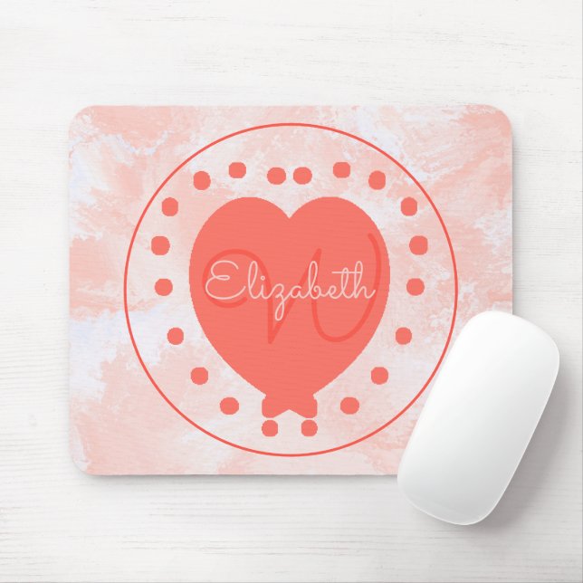 Chic Heart Initial Letter Monogram Coral White Mouse Mat (With Mouse)