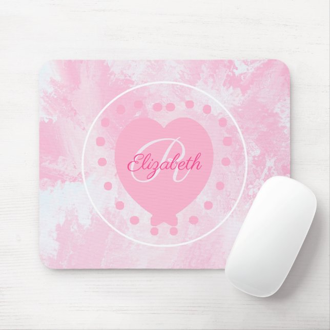 Chic Heart Initial Letter Monogram Pink White Mouse Mat (With Mouse)
