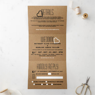 Chic Heart, Kraft Effect Wedding Suite Tri-Fold Invitation