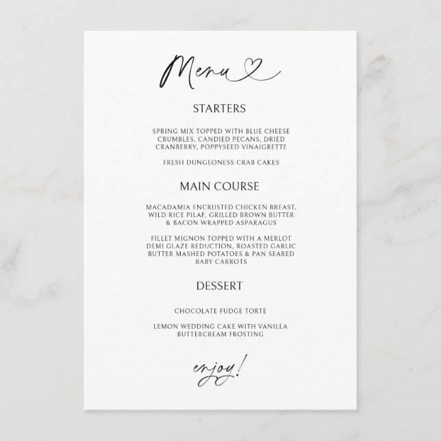 Chic Heart Menu Card Minimal Reception Dining (Front)