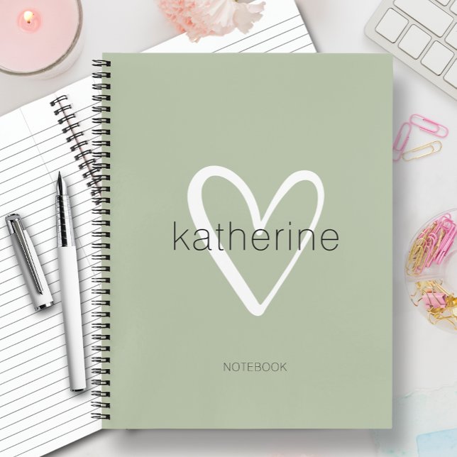 Chic Heart on Sage Green  Notebook (CHOOSE HARD and SOFT COVER and page style when ordering. MORE colors in our collection.)