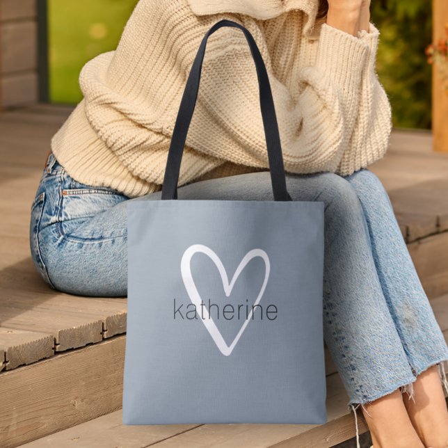 Chic Heart Personalised Dusty Blue Tote Bag (Custom Tote Bag by PartyInvitationShop.com)