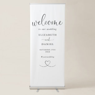 Chic Heart Script Black And White Wedding Welcome Retractable Banner