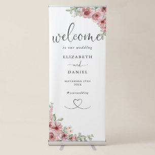 Chic Heart Script Roses Floral Wedding Welcome Retractable Banner