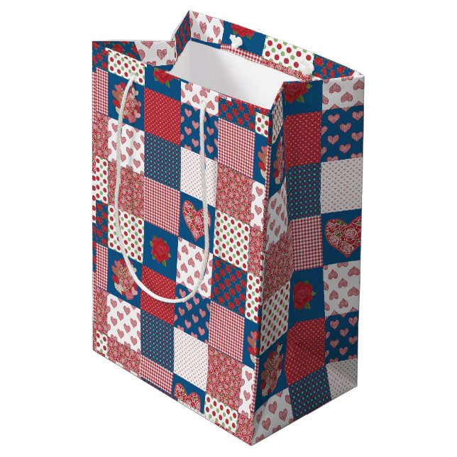 Chic Hearts and Roses Faux Patchwork Gift Bag (Back Angled)