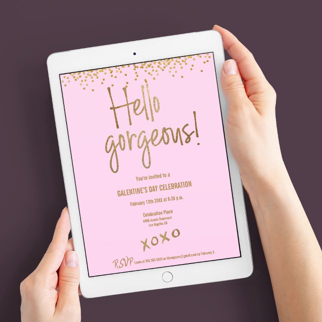 Chic Hello Gorgeous Galentine Gold Confetti Pink Invitation (Digital download available for this "Hello Gorgeous!" xoxo Galentine's day pink and gold invite)