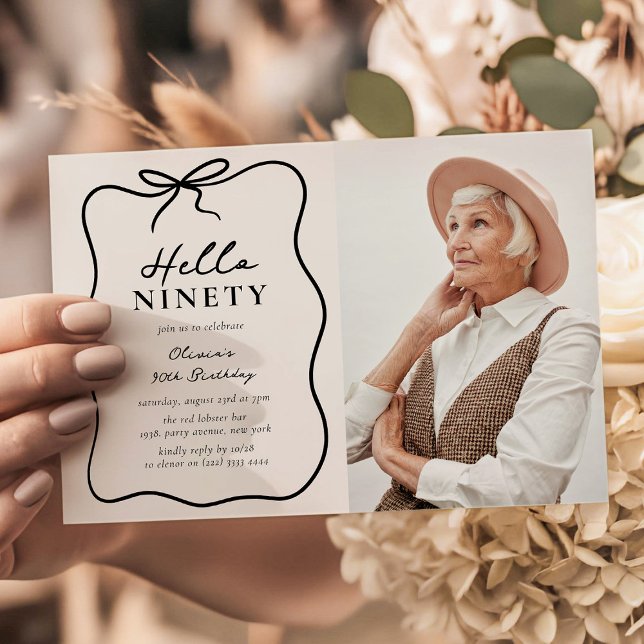 Chic Hello Ninety' Photo 90th Birthday Party Invitation (Creator Uploaded)