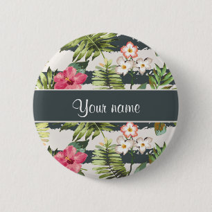 Chic Hibiscus Flowers and Stripes 6 Cm Round Badge