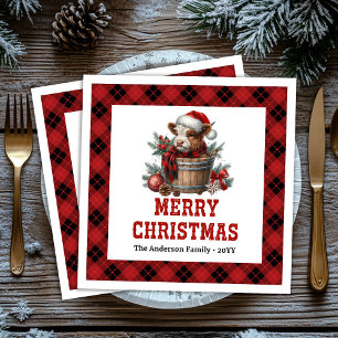 Chic highland cow red black plaid festive napkins