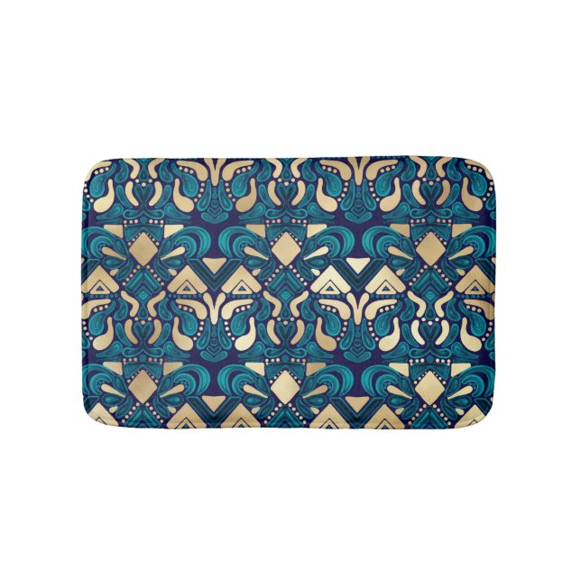Chic Hipster Gold Emerald Blue Tribal Artsy Damask Bath Mat (Front)