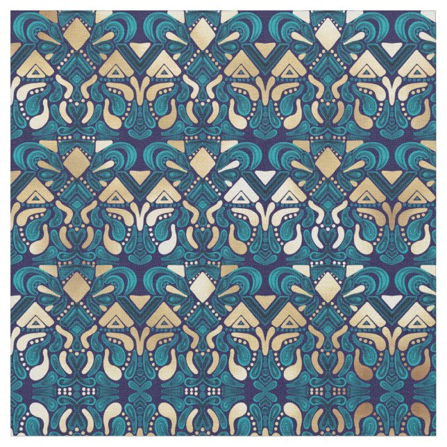 Chic Hipster Gold Emerald Blue Tribal Artsy Damask Fabric (Close Up)