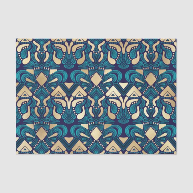 Chic Hipster Gold Emerald Blue Tribal Artsy Damask Tissue Paper (Front)