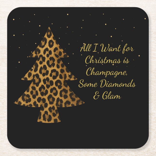 Chic Holiday Leopard Tree Design Square Paper Coaster (Front)