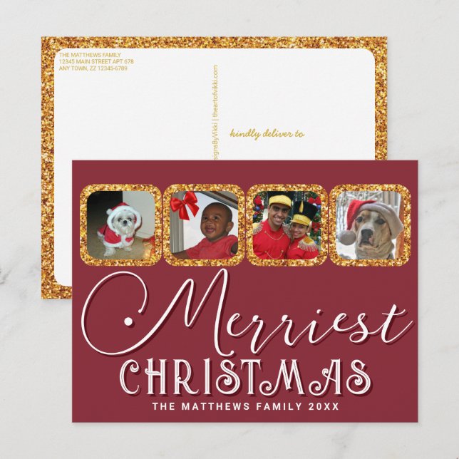 Chic Holiday Photo Script Gold Red Christmas Postcard (Front/Back)