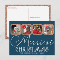 Chic Holiday Photo Script Rose Gold Blue Christmas
