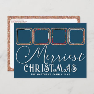 Chic Holiday Photo Script Rose Gold Blue Christmas Postcard