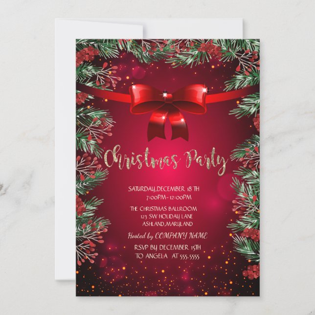 Chic Holly Berries Red Bow Company Christmas Party Invitation (Front)