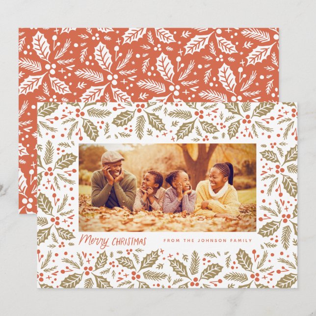 Chic Holly Frame Photo Christmas Holiday Card (Front/Back)
