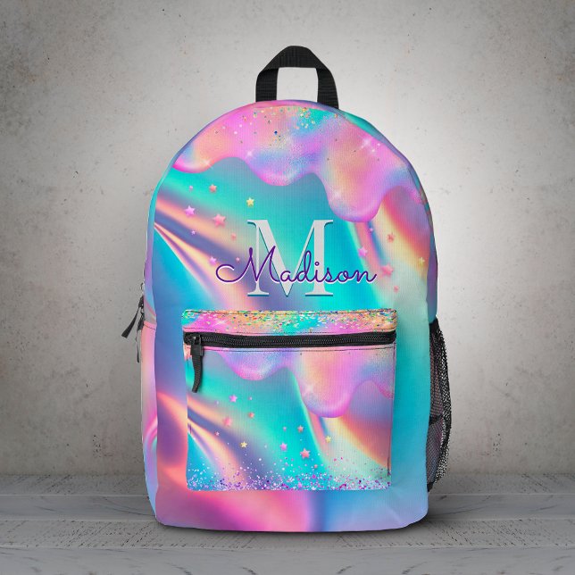 Chic holographic dripping glitter monogram printed backpack (Creator Uploaded)