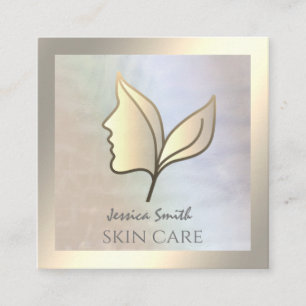 Chic holographic elegant girl face leaves square business card