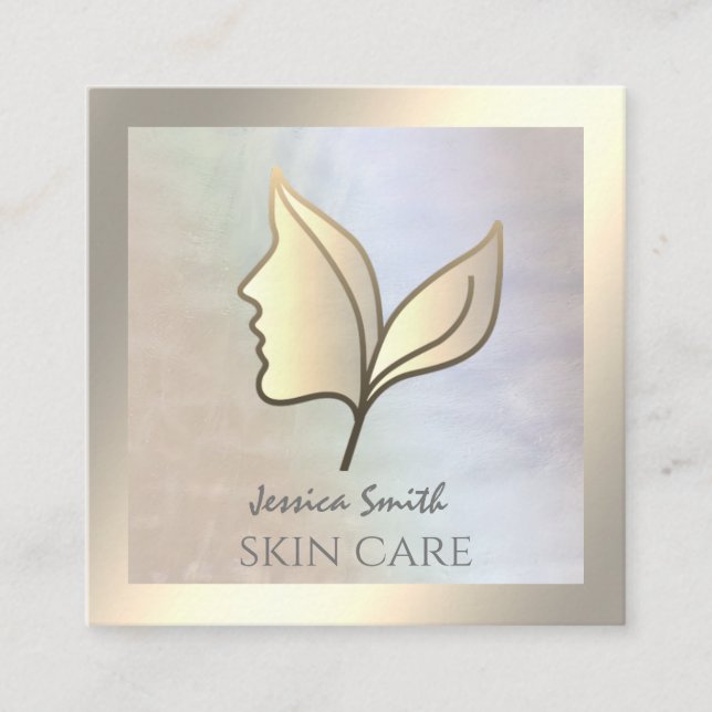 Chic holographic elegant girl face leaves square business card (Front)