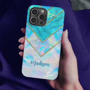 Chic holographic girly stylish blue iPhone 16 pro case