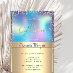 Chic Holographic Gold Tiara,Diamonds Quinceañera Invitation