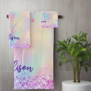 Chic holographic unicorn dripping glitter monogram bath towel set