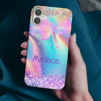 Chic holographic unicorn dripping glitter monogram iPhone 16 case