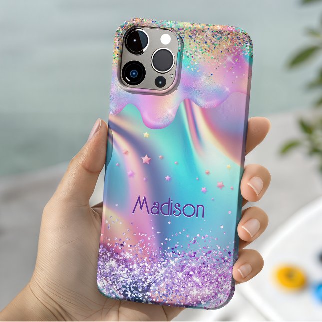Chic holographic unicorn dripping glitter monogram Case-Mate iPhone case (Creator Uploaded)