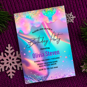 Chic holographic unicorn dripping glitter monogram invitation