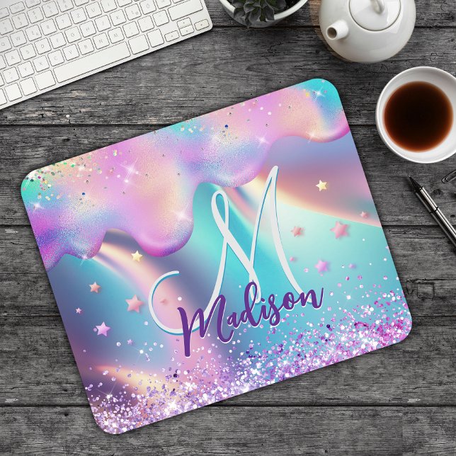 Chic holographic unicorn dripping glitter monogram mouse mat (Creator Uploaded)