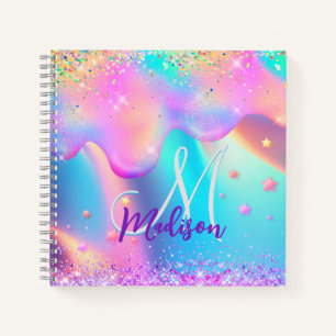 Chic holographic unicorn dripping glitter monogram notebook