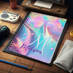 Chic holographic unicorn dripping glitter monogram notebook