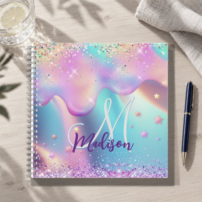 Chic holographic unicorn dripping glitter monogram notebook (Creator Uploaded)