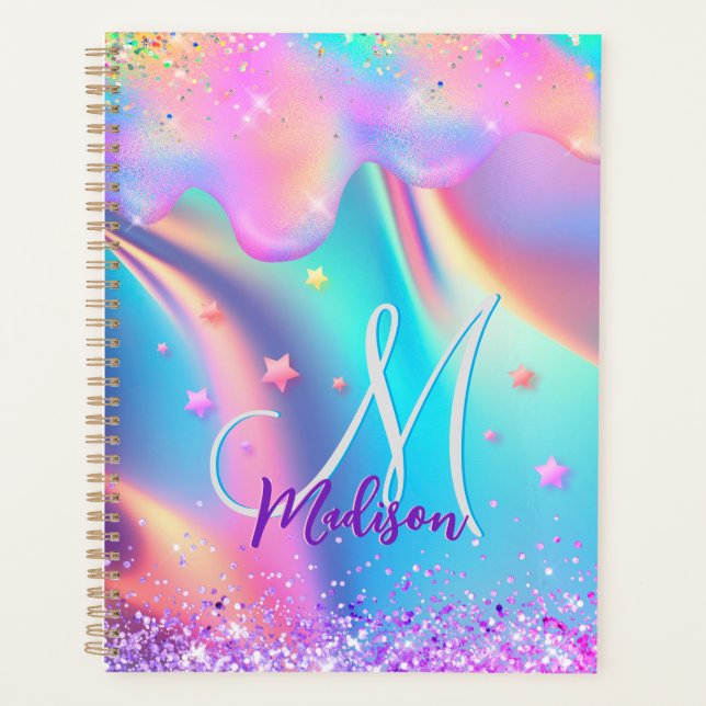 Chic holographic unicorn dripping glitter monogram planner (Front)