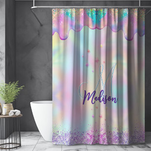 Chic holographic unicorn dripping glitter monogram shower curtain