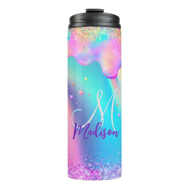 Chic holographic unicorn dripping glitter monogram thermal tumbler (Front)