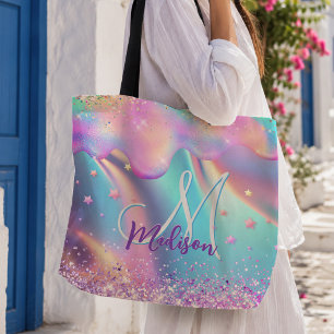Chic holographic unicorn dripping glitter monogram tote bag