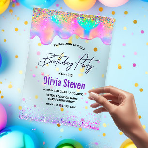 Chic holographic unicorn drips birthday monogram acrylic invitations