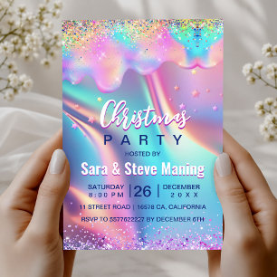Chic holographic unicorn drips glitter Christmas  Invitation