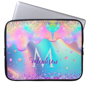 Chic holographic unicorn drips glitter monogram laptop sleeve