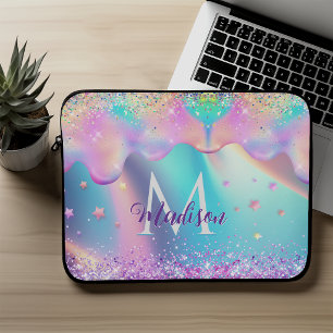 Chic holographic unicorn drips glitter monogram laptop sleeve