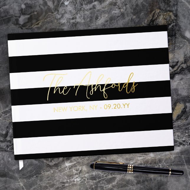 Chic Horizontal Stripes Script Last Name Wedding Guest Book (Creator Uploaded)