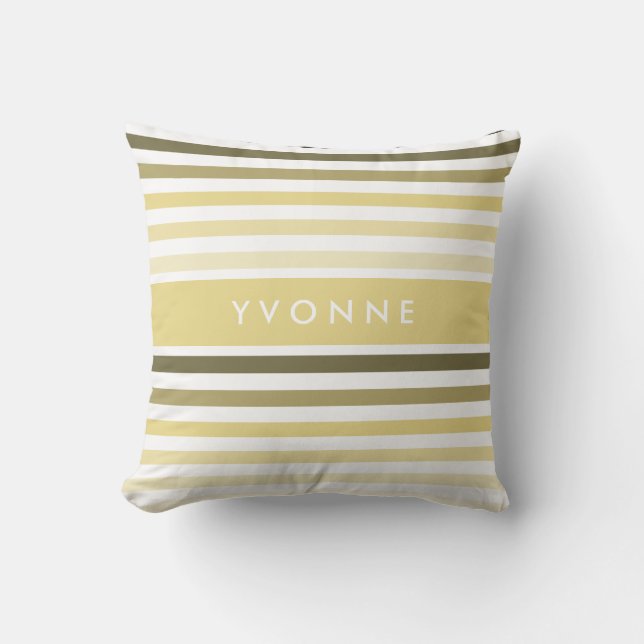 Chic Horizontal Stripes With Name in Soft Yellow Cushion (Front)