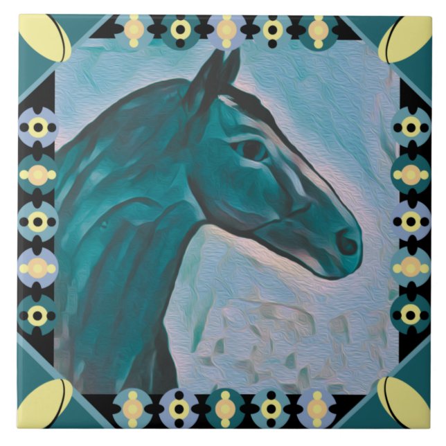 Chic Horse Head Turquoise Teal Blue Mix and Yellow Tile (Front)