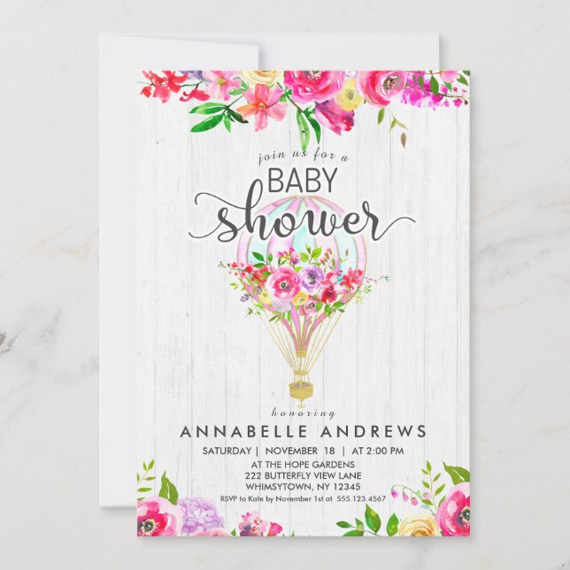 Chic Hot Air Balloon Baby Girl Shower Invitation (Front)