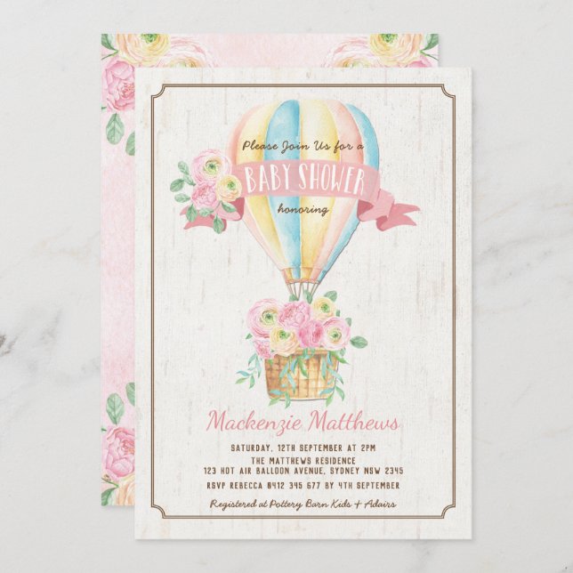 Chic Hot Air Balloon Pink Floral Girl Baby Shower Invitation (Front/Back)