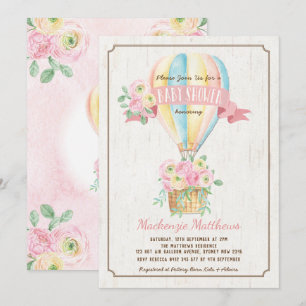 Chic Hot Air Balloon Pink Floral Girl Baby Shower Invitation